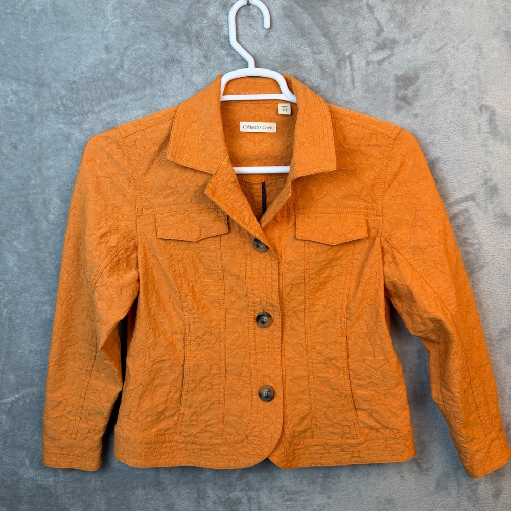 Coldwater‎ Creek Jacket Womens P12 Orange Floral Embroidered Boho Trucker Style